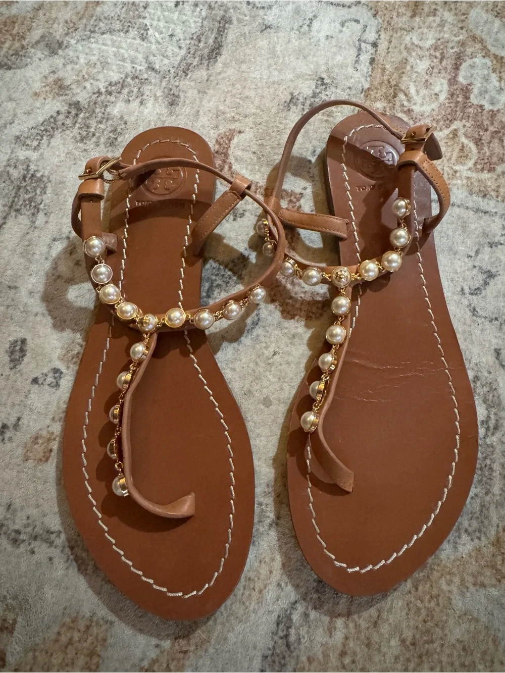 Tory Burch Brown Pearl-Embellished T-Strap Sandals